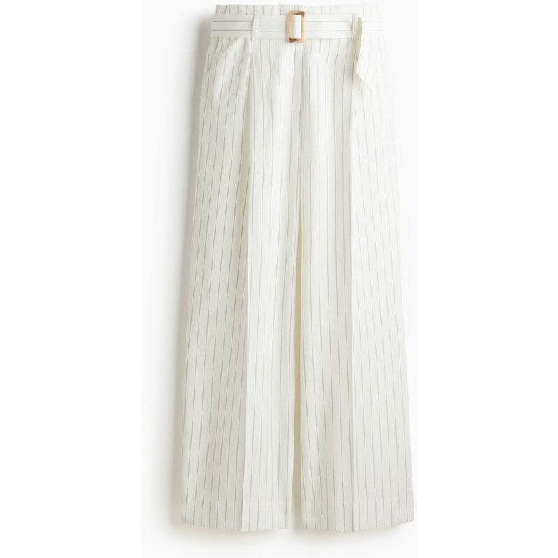 H&M - Kalhoty z lněné směsis páskem - bílá 108141544