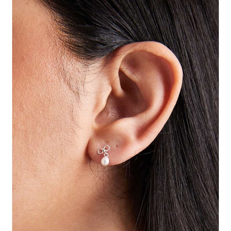 Kingsley Ryan faux pearl drop bow stud earrings in sterling silver 111029771