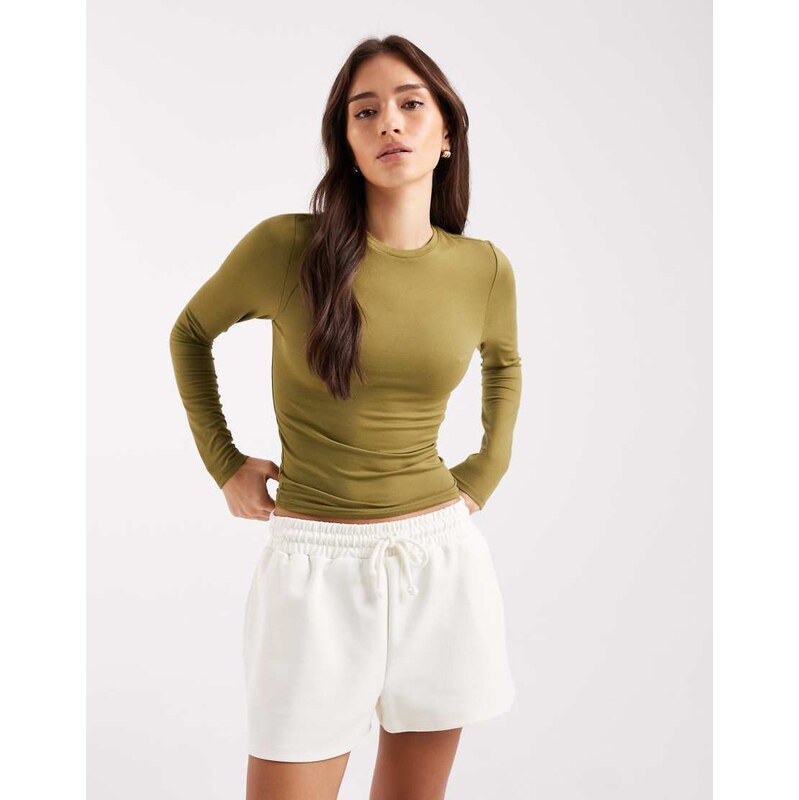 Miss Selfridge sculpted long sleeve tee in olive-Green 115515201