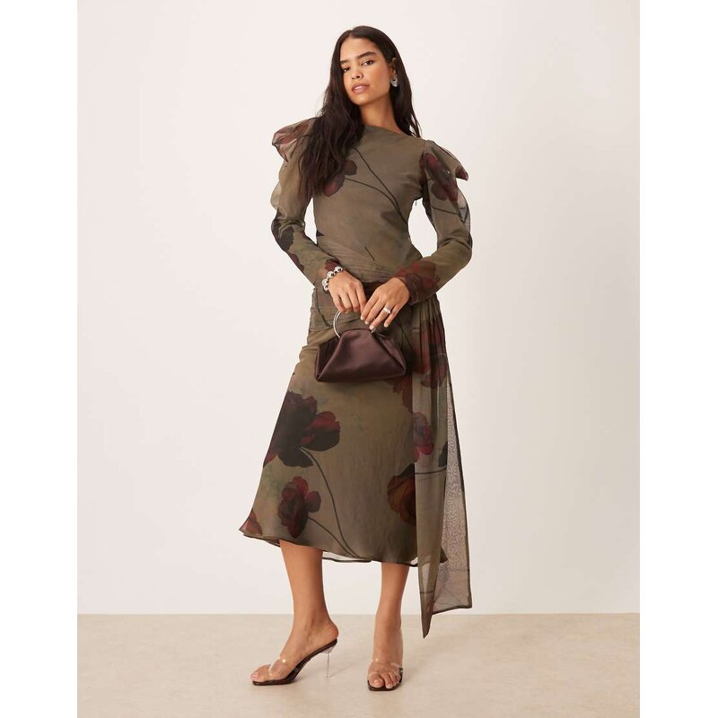 ASOS DESIGN drape shoulder maxi dress in grey with floral print