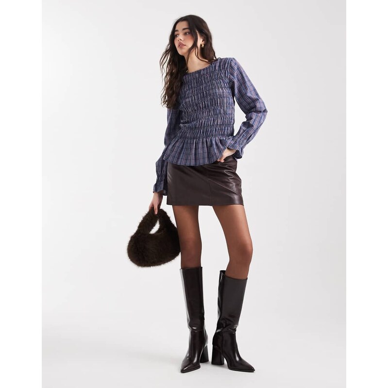 Vero Moda shirred bodice top with poet sleeve in burgundy and blue 115516517