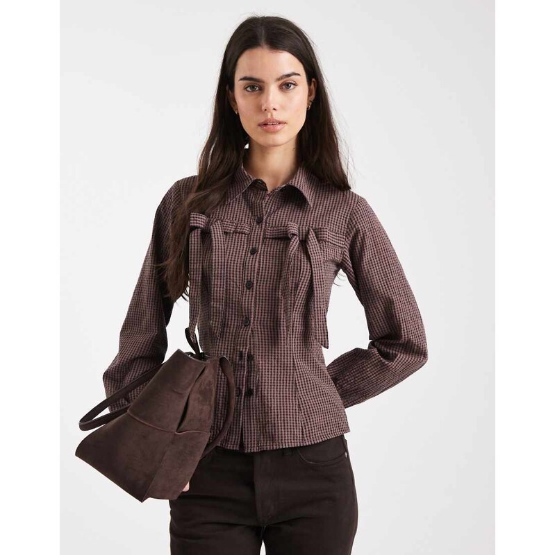 Miss Selfridge bow detail shirt in brown check-Multi 111148866