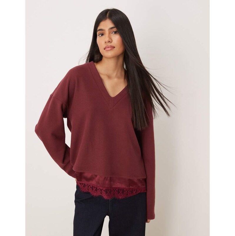 ASOS DESIGN Supersoft v neck sweat with lace insert in fig-Red