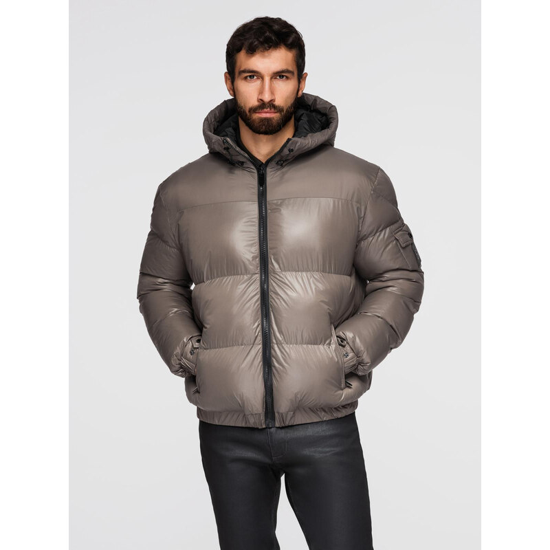 Ombre Warm mens puffer jacket with welts - dark beige