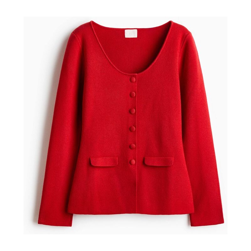 H&M - Propínací svetr z žebrovaného úpletus výstřihem - červená 109738760