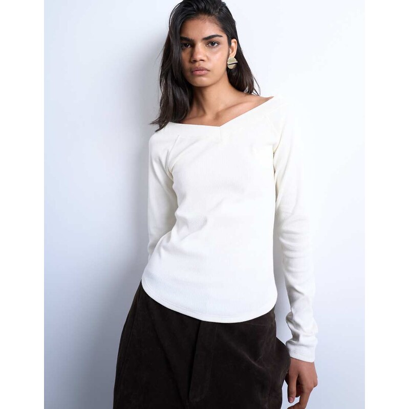 Topshop rib raglan v-neck long sleeve top in ivory-White