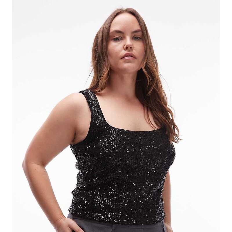 ASOS Curve ASOS DESIGN Curve allover sequin square neck top in black 111044536