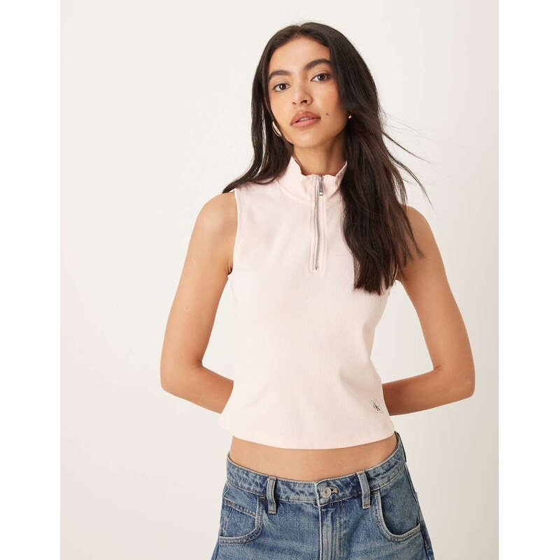 Calvin Klein Jeans sleeveless 1/4 zip logo polo top in baby pink