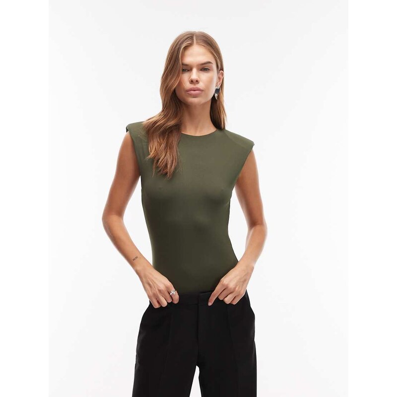 ASOS DESIGN slinky sleeveless shoulder pad bodysuit in khaki
