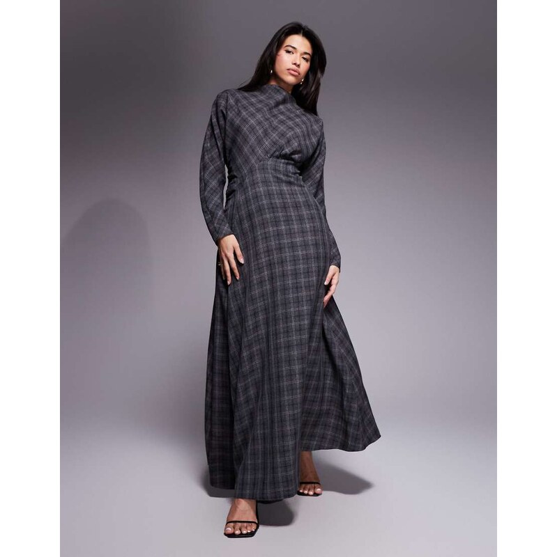 Daska high neck batwing gathered waist maxi dress in grey tartan print 111044592