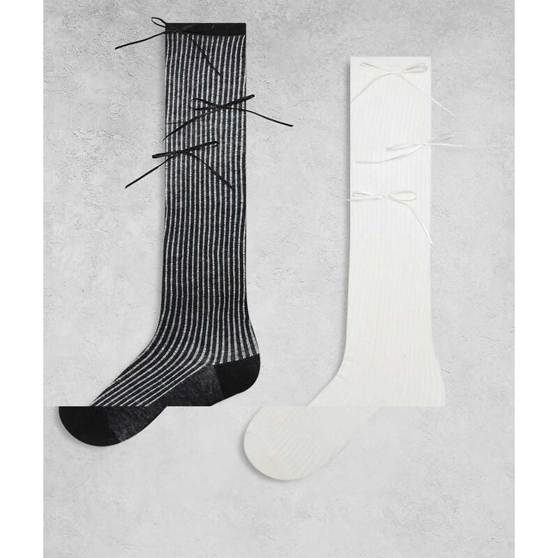 Kaiia exclusive 2 pack ribbed satin bow detail knee high socks