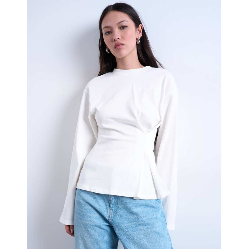 Topshop cinch waist structured long sleeve tee in white