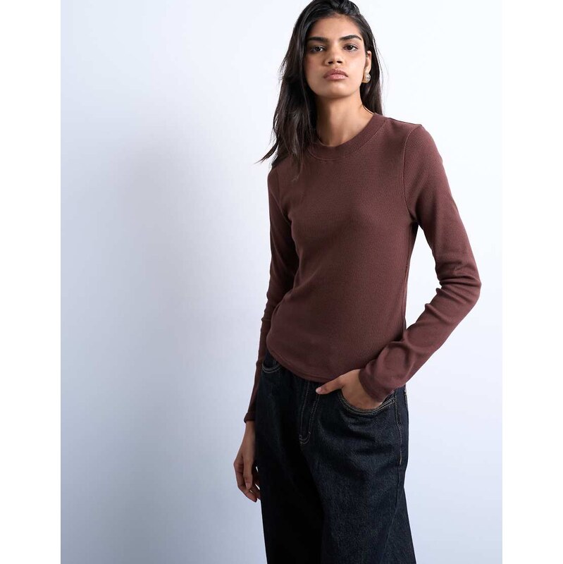 Topshop rib long sleeve curved hem top in chocolate brown 115512771