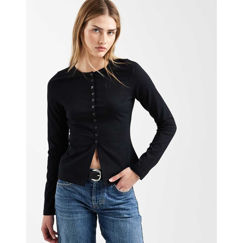 ASOS DESIGN cotton button through long sleeve top in black