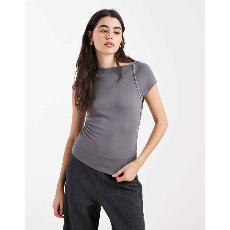 ASOS DESIGN rib cap sleeve ruched detail t-shirt in charcoal