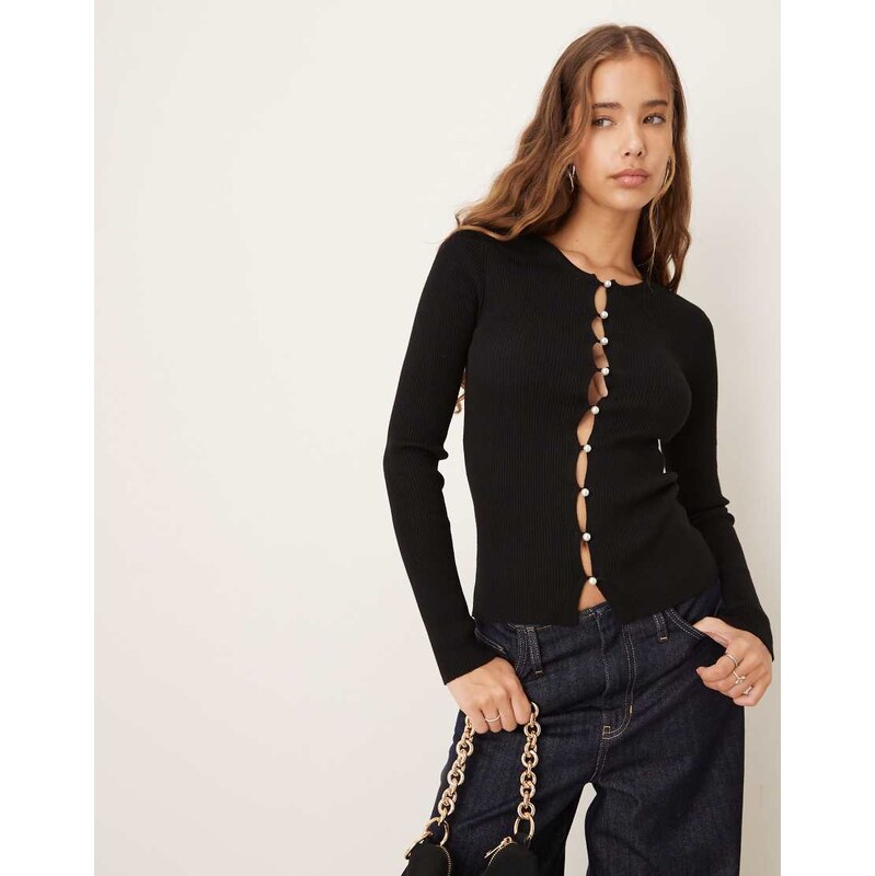Gina Tricot long sleeve ribbed button down knitted top in black