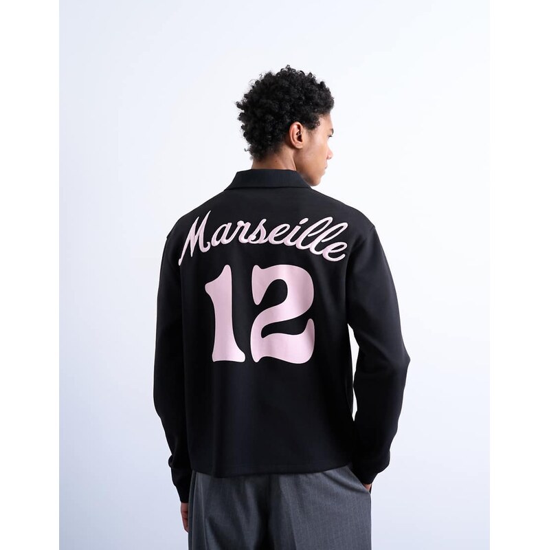 Topman relaxed fit long sleeve sports polo shirt with Marseille