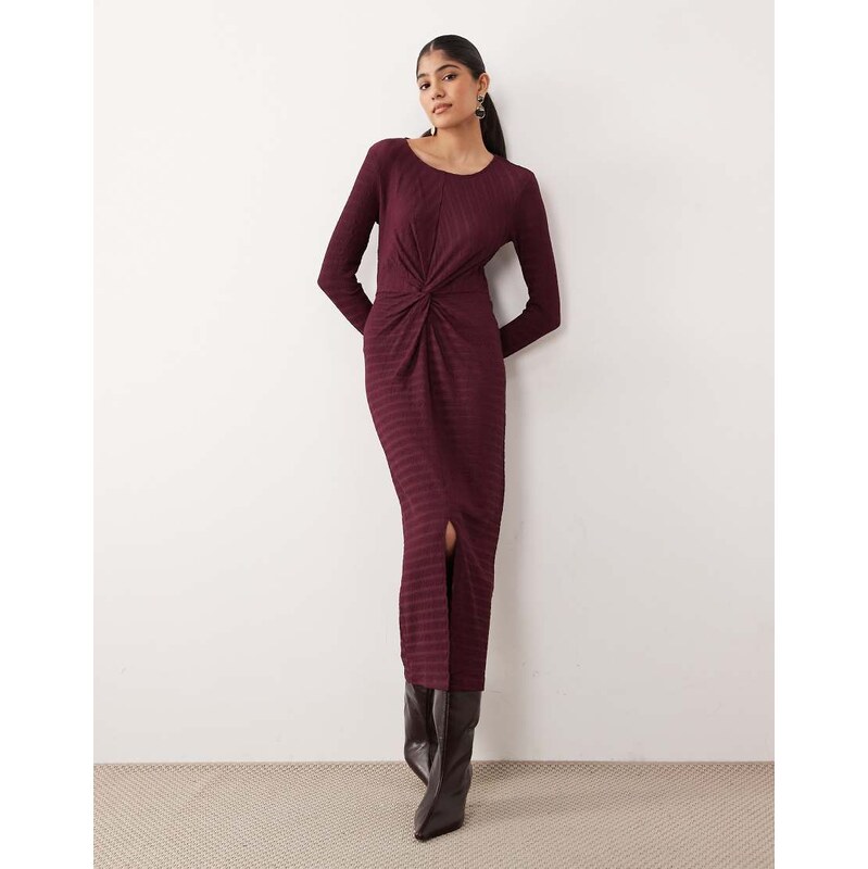 Vila textured midi dress with twist detail in burgundy