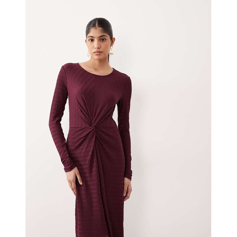 Vila textured midi dress with twist detail in burgundy