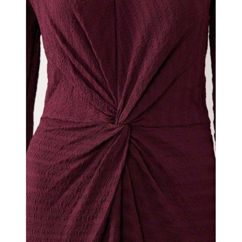Vila textured midi dress with twist detail in burgundy