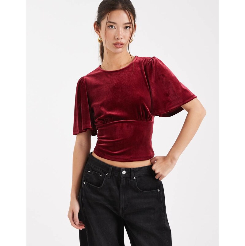 ASOS DESIGN velvet puff sleeve top with tie back in burgundy-Red