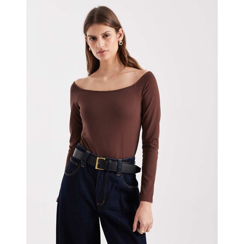 ASOS DESIGN cotton off shoulder bodysuit in chocolate-Brown 115515260