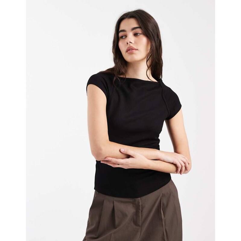 ASOS DESIGN rib boat neck t-shirt with ruched waist in black -