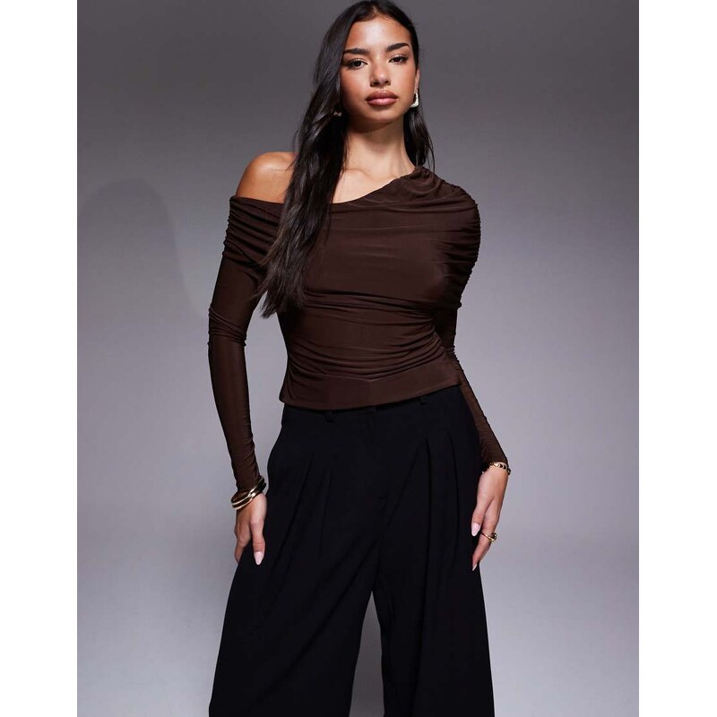 ASOS DESIGN slinky asymmetric cape shoulder long sleeve top in