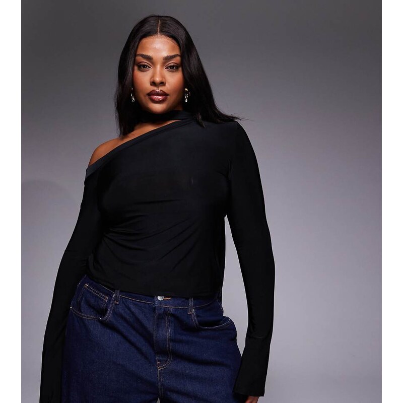 ASOS Curve ASOS DESIGN Curve slinky scarf neck off shoulder top with 111059993