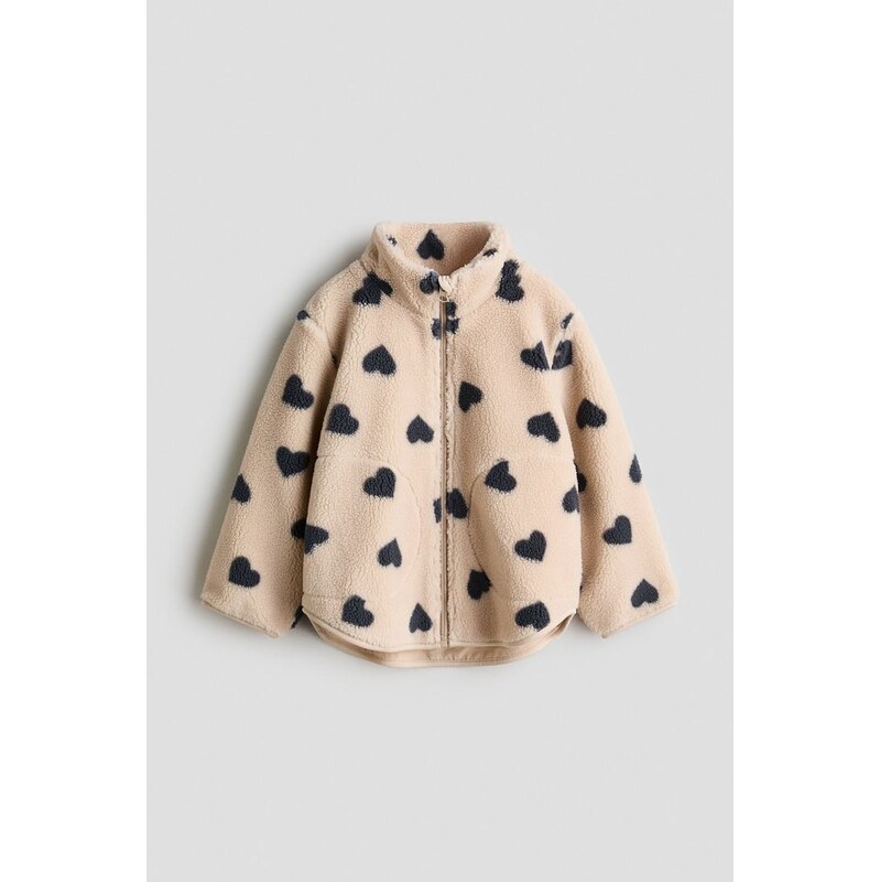 H&M - Plyšová bunda - Béžová/Černá Srdíčka