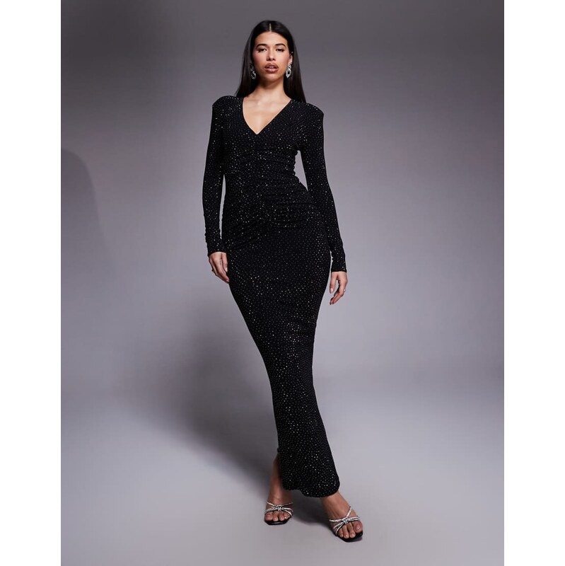 Wanderdoll Drew sculpted hot fix plunge neck ruched detail maxi