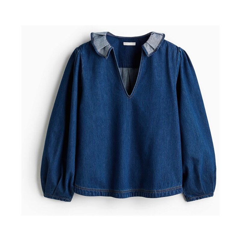 H&M - Džínová halenkas řaseným límečkem - modrá 108729908