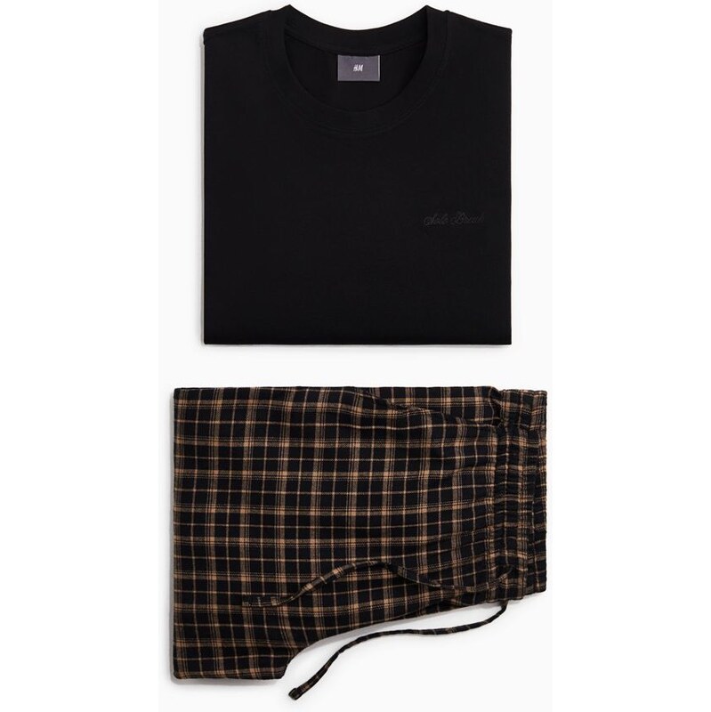 H&M - Bavlněné pyžamo - Černá/Béžová Kostka