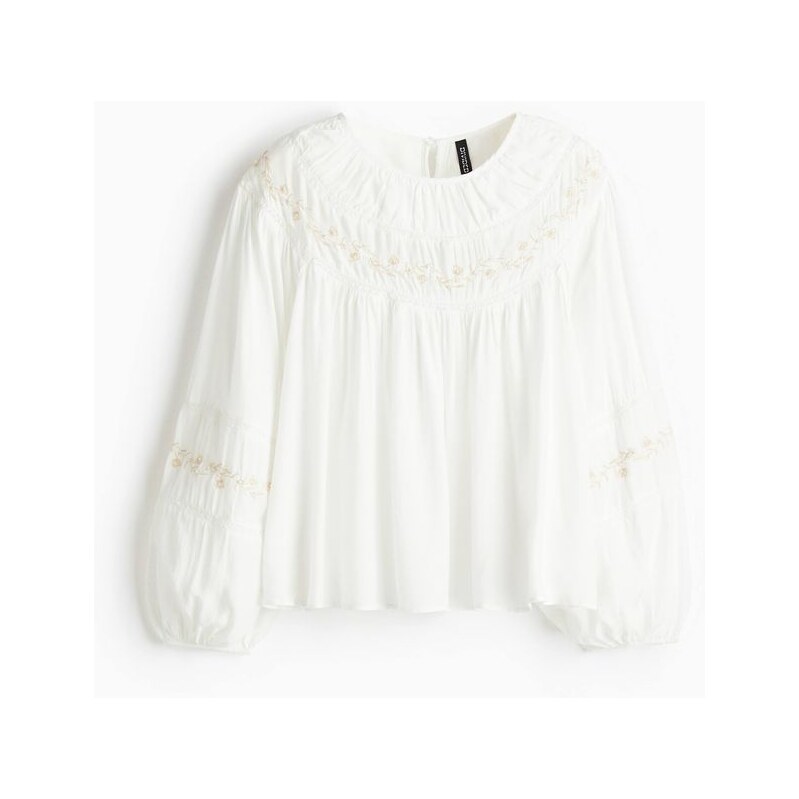 H&M - Vyšívaná viskózová halenka - Bílá/Květiny