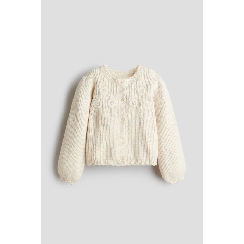 H&M - Pletený propínací svetrs výšivkou - Světle Béžová