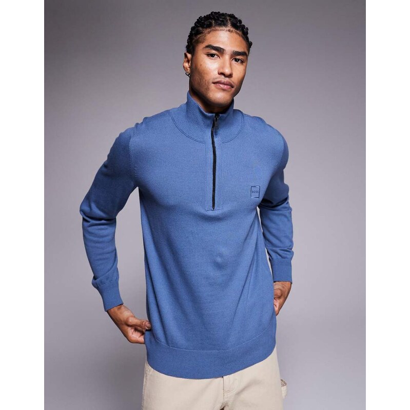BOSS Orange kanobix fine knit half zip jumper in mid blue