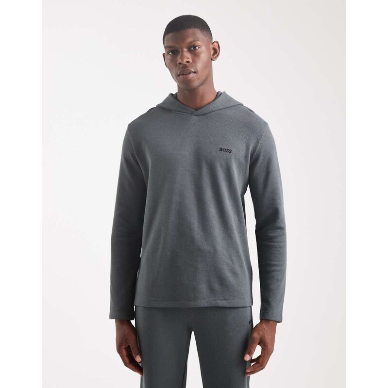 BOSS Bodywear waffle lounge hoodie in mid green