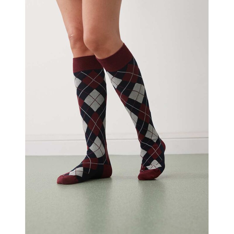 Reclaimed Vintage ankle sock in grey and red argyle-Multi 109725250
