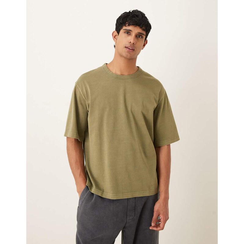 Selected heavyweight oversized t-shirt in olive-Green