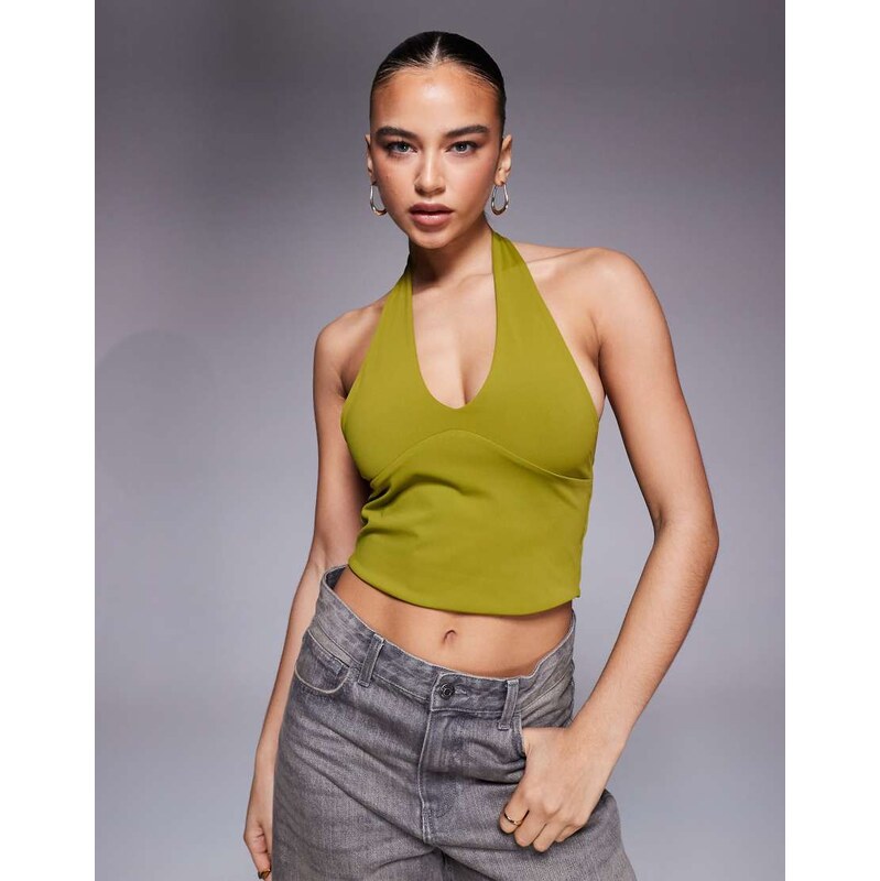 ASOS DESIGN Sculpting halter neck crop top in green