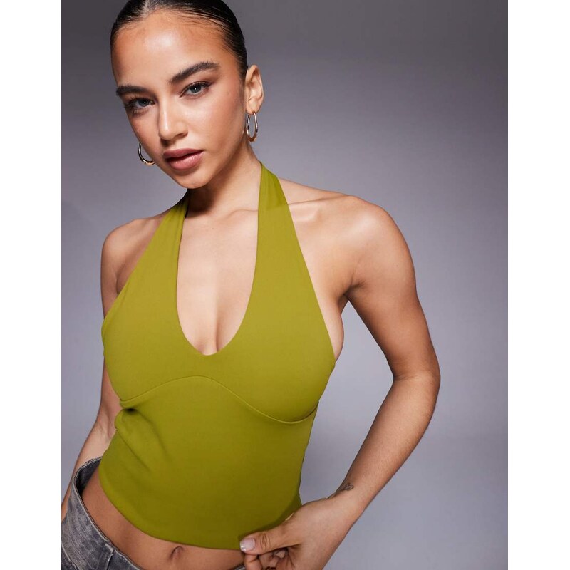 ASOS DESIGN Sculpting halter neck crop top in green