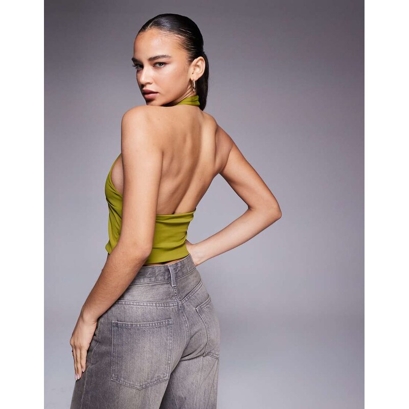 ASOS DESIGN Sculpting halter neck crop top in green