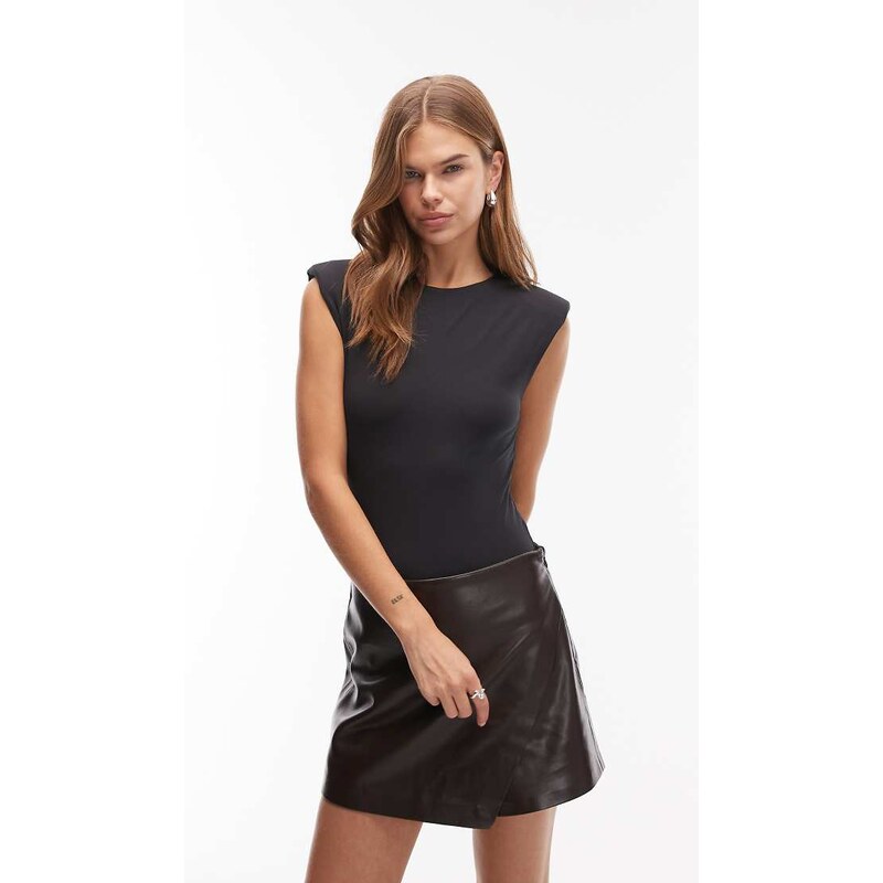 ASOS DESIGN slinky sleeveless shoulder pad bodysuit in black 111059917