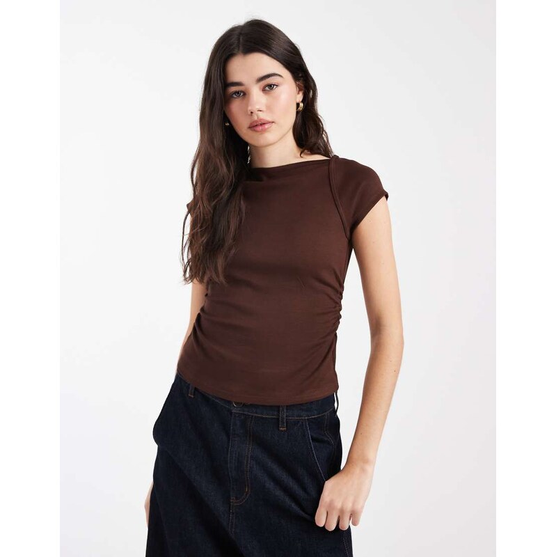 ASOS DESIGN rib boat neck t-shirt with ruched waist in chocolate