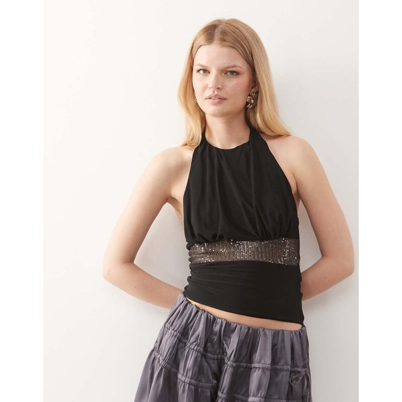 COLLUSION cowl halter soft touch top with sequin waist-Black 111059922