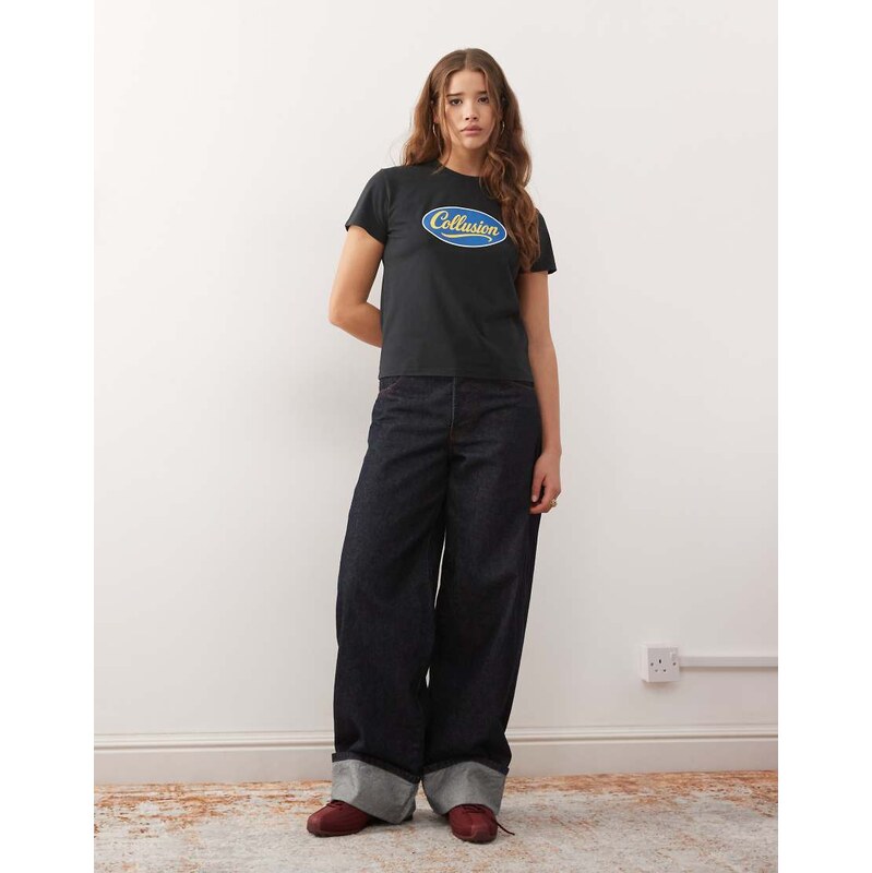 COLLUSION blue logo ringer graphic anti fit tee-Black