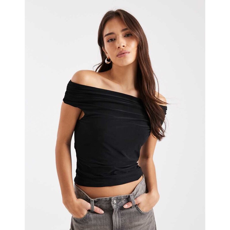 ASOS DESIGN slinky ruched bardot top in black 111059955