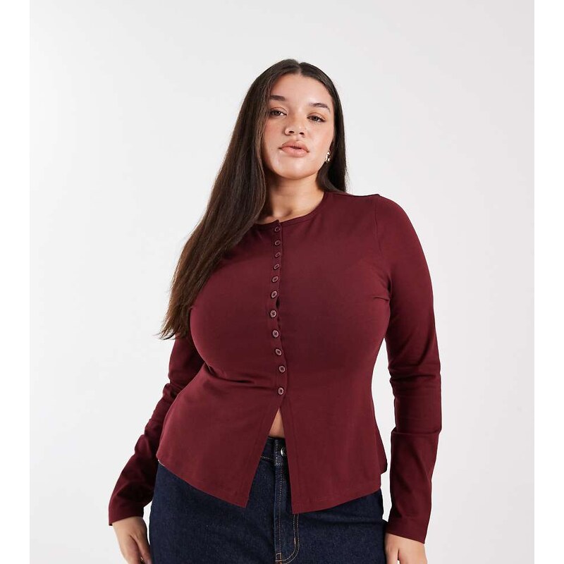 ASOS Curve ASOS DESIGN Curve cotton button through long sleeve top in 111053375