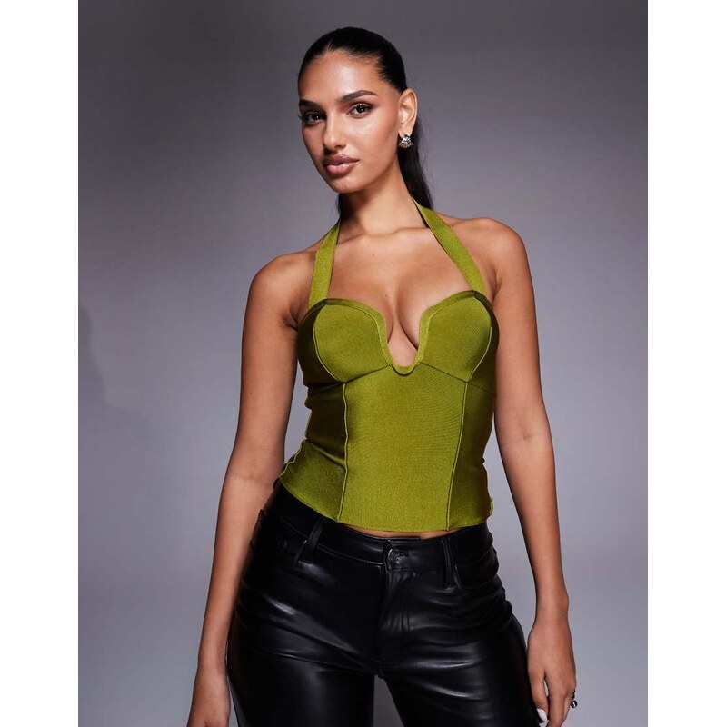 ASOS DESIGN bandage halterneck top with plunge bar detail in