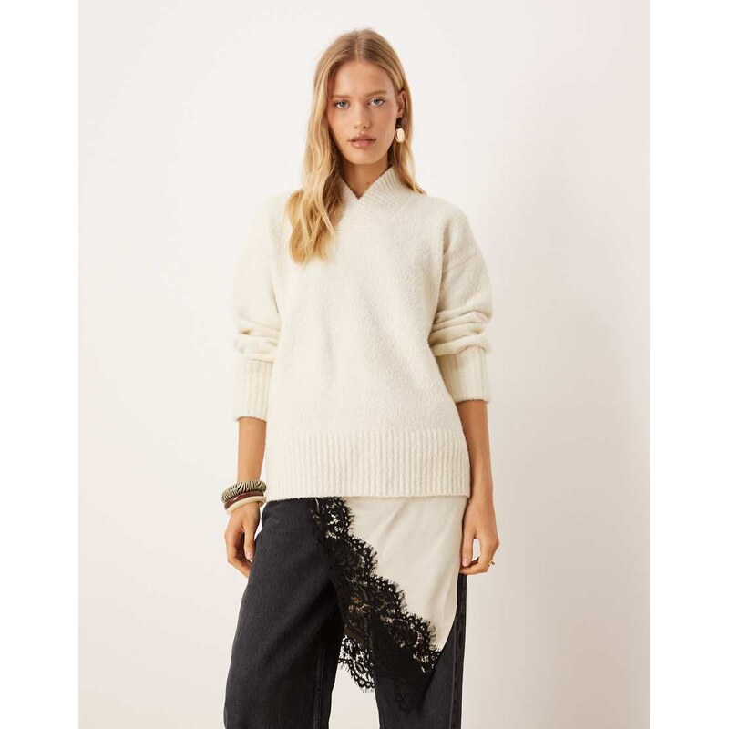 Pretty Lavish boucle high v neck jumper in cream-Neutral 115515212